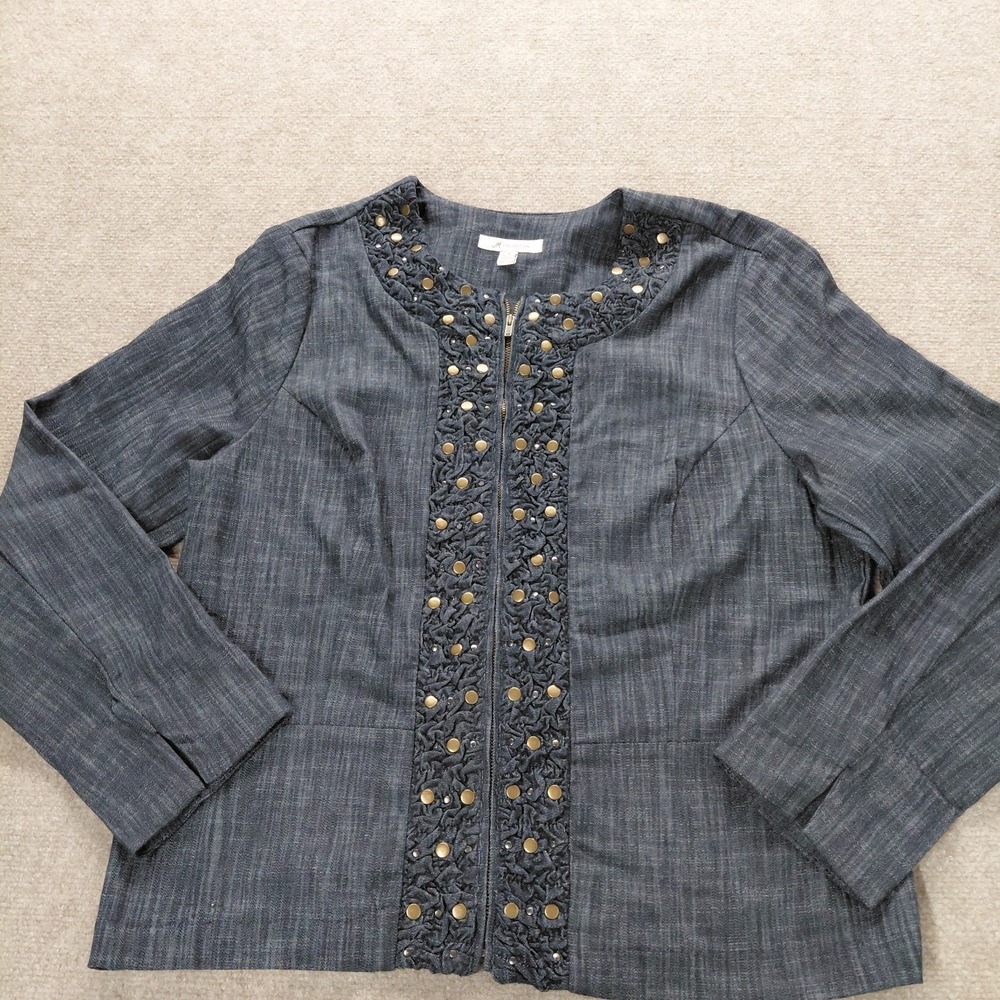 JM Collection Studded Jacket Womens 16 Denim Blue Jean Zip Front Career Cotton